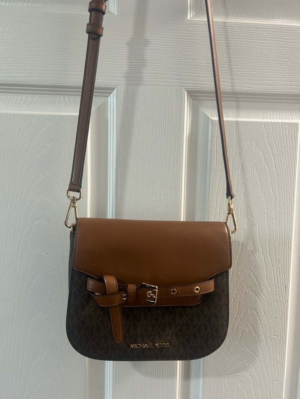 Michael Kors Brown and Dark Brown Signature Belt-Accent Crossbody